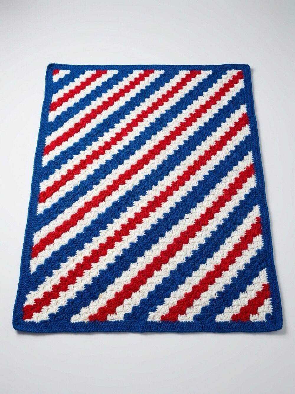 Handmade Crochet Afghan Throw Blanket Red White Blue Strip Patriotic 41x42” VTG